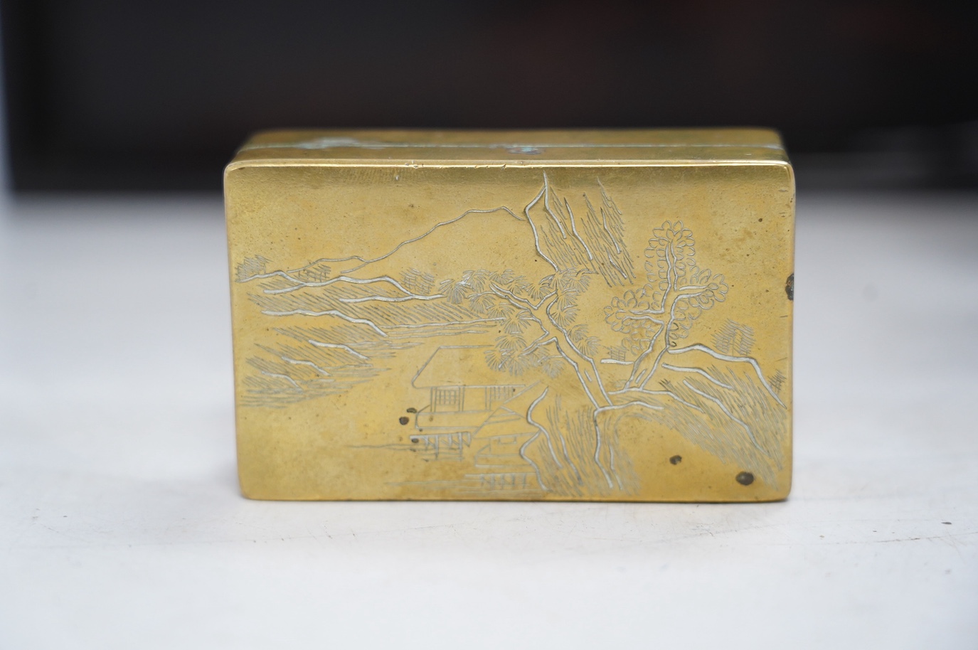 Literati interest: a Chinese probably zitan tray, a calligraphy brush and a brass ink box, 19th/20th century, tray 28 x 19cm. Condition - fair